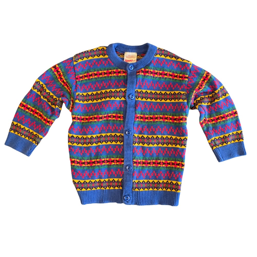 Vintage Hanna Andersson Fair Isle Cardigan Blue Cotton Sweater Denmark Kids 90cm